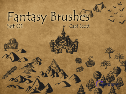 城堡、营地、山脉、树林等手绘涂鸦Photoshop笔刷-玩吧资源站