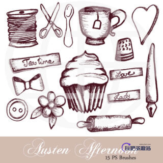 纸杯蛋糕、咖啡杯、蝴蝶结、擀面杖、剪刀、汤勺、爱心等PS涂鸦笔刷-玩吧资源站