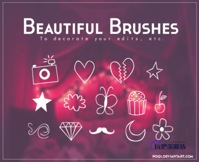 一组可爱手绘涂鸦元素照片美化Photoshop笔刷素材-玩吧资源站