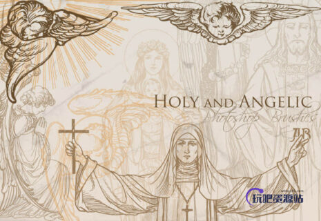 天使圣辉耶稣上帝与玛利亚背景图案装饰Photoshop笔刷-玩吧资源站