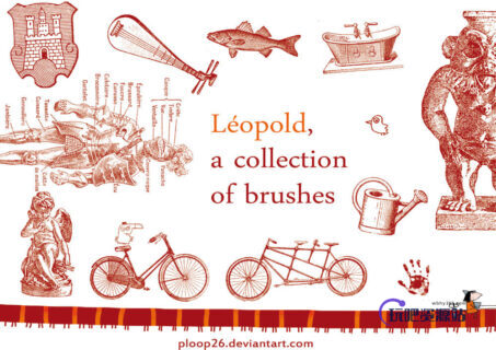 手绘徽章、鱼、浴缸、自行车、雕塑等卡通造型PS笔刷-玩吧资源站