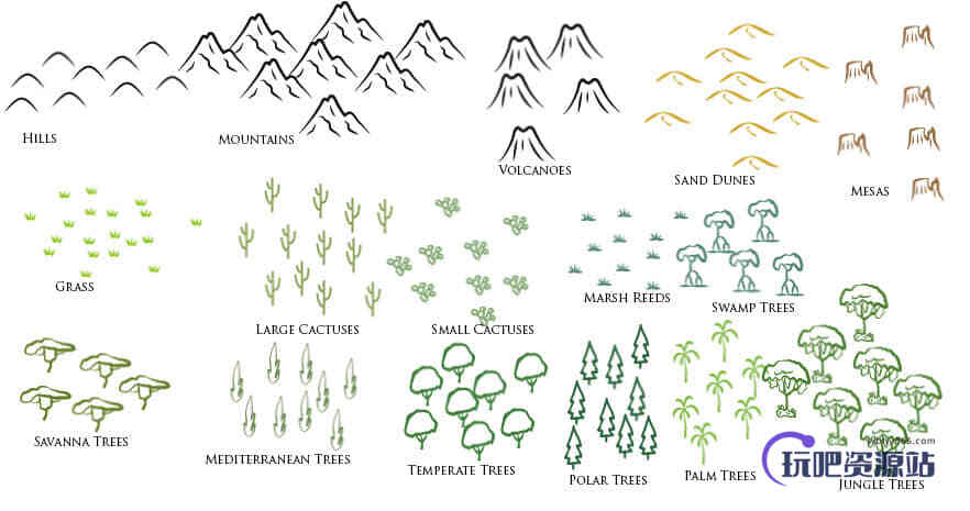 手绘小山、仙人掌、草地、树木、树桩PS笔刷素材