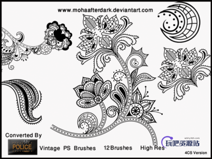 佩斯利式古典荷花图案、印花花纹Photoshop笔刷-玩吧资源站