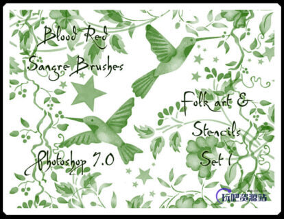 植物花纹、小鸟图案装饰Photoshop笔刷-玩吧资源站
