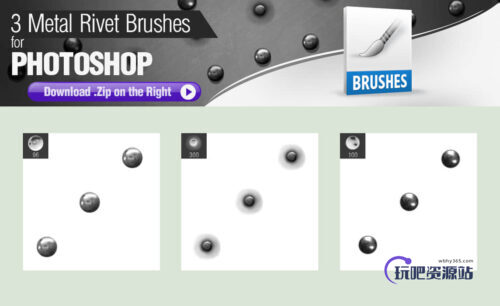 3种金属铆钉、钉子效果Photoshop笔刷下载-玩吧资源站