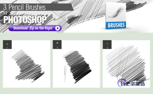 3种铅笔笔触Photoshop画笔笔刷下载-玩吧资源站