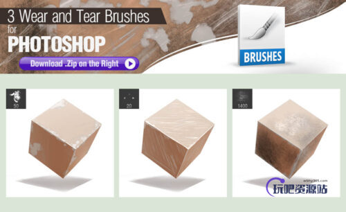 3种磨损效果、摩擦痕迹、锈迹刮蹭纹理PS笔刷-玩吧资源站