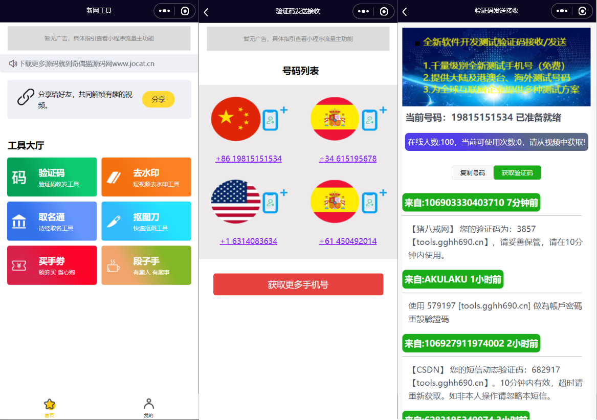 A1302全球手机验证码发放+短视频去水印等组合微信小程序源码下载