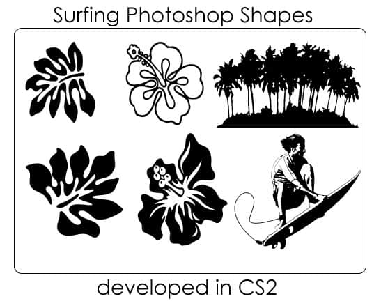 手绘花纹、树林、冲浪爱好者photoshop自定义形状素材 .csh 下载