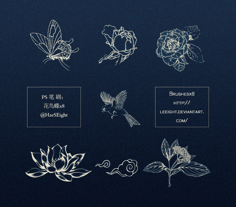 中国风格手绘花鸟图案Photoshop笔刷素材