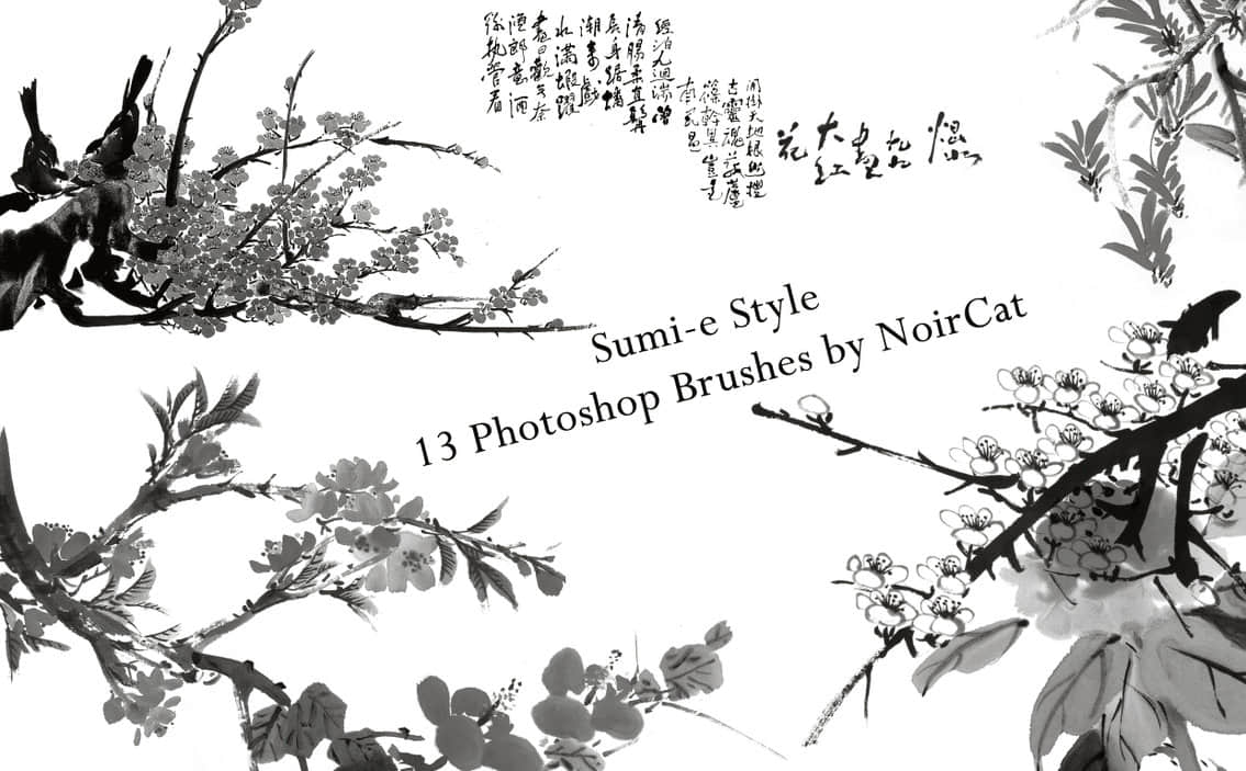 传统水墨画、桃花背景图案素材photoshop笔刷下载