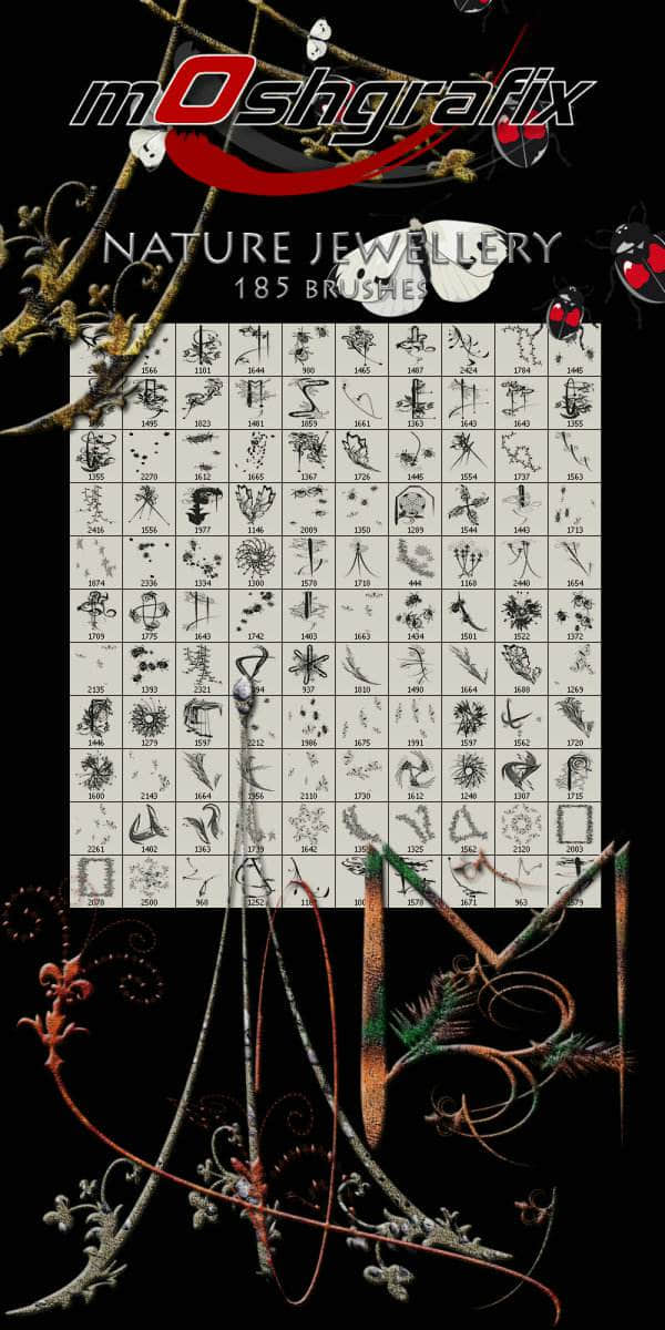 185个枝条、昆虫、花边、花纹等生物自然元素PS笔刷